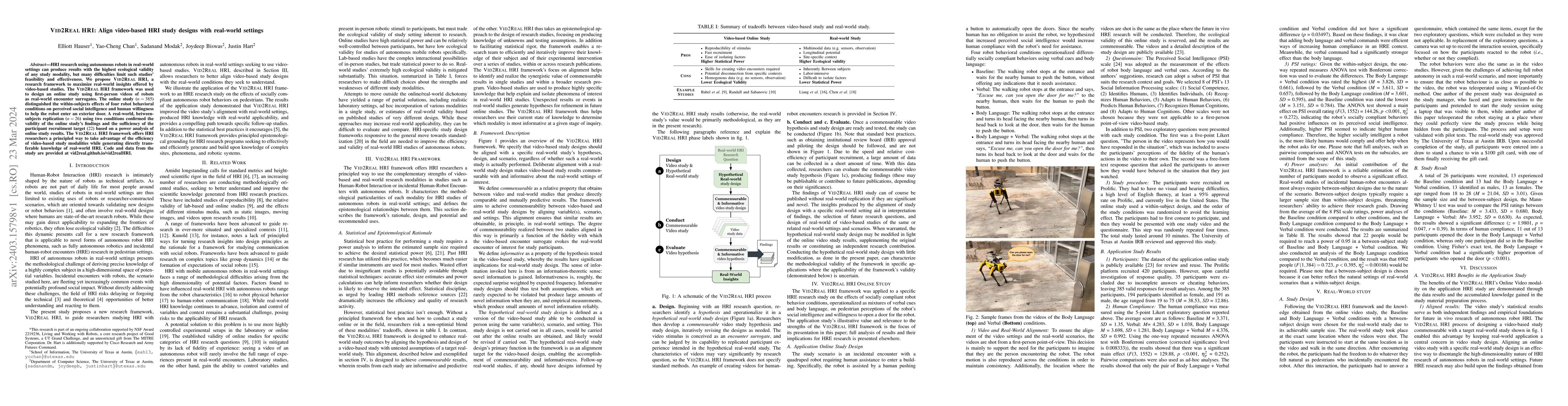 Thumbnail for Vid2Real HRI: Align video-based HRI study designs with real-world
  settings
