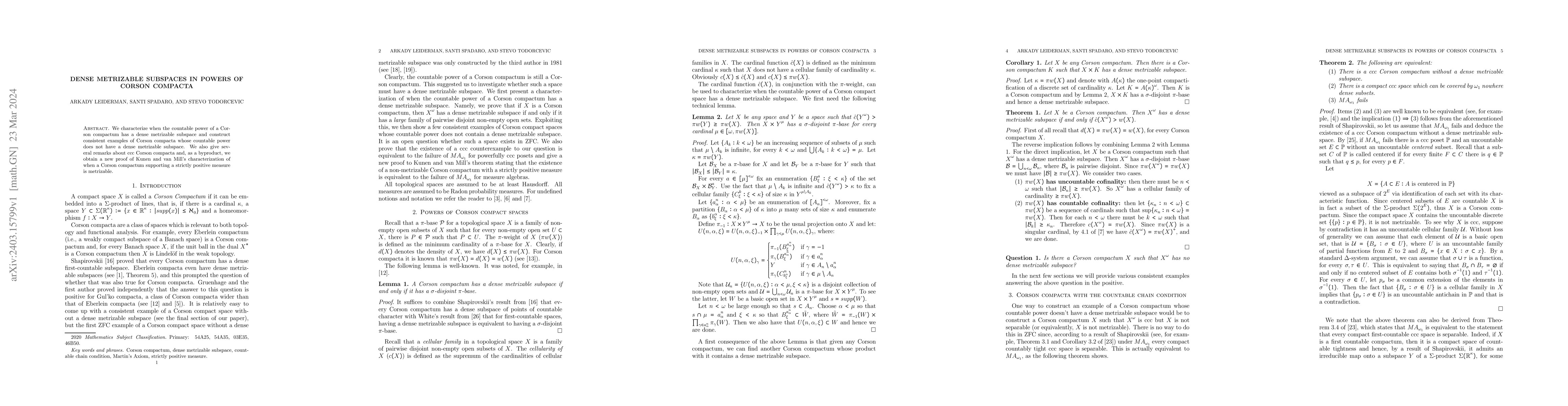 Thumbnail for Dense metrizable subspaces in powers of Corson compacta