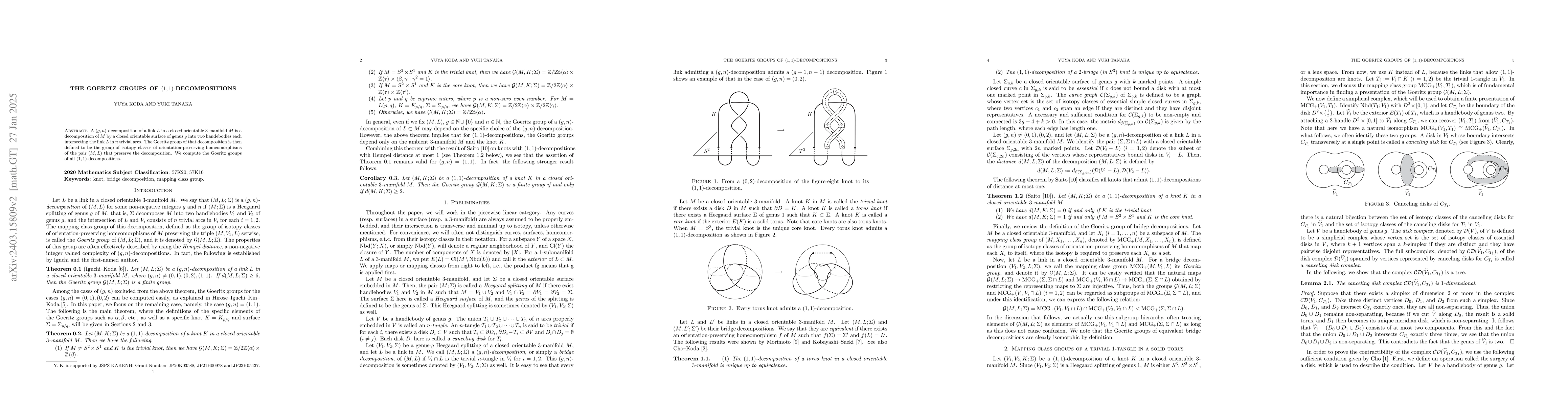 Thumbnail for The Goeritz groups of $(1,1)$-decompositions