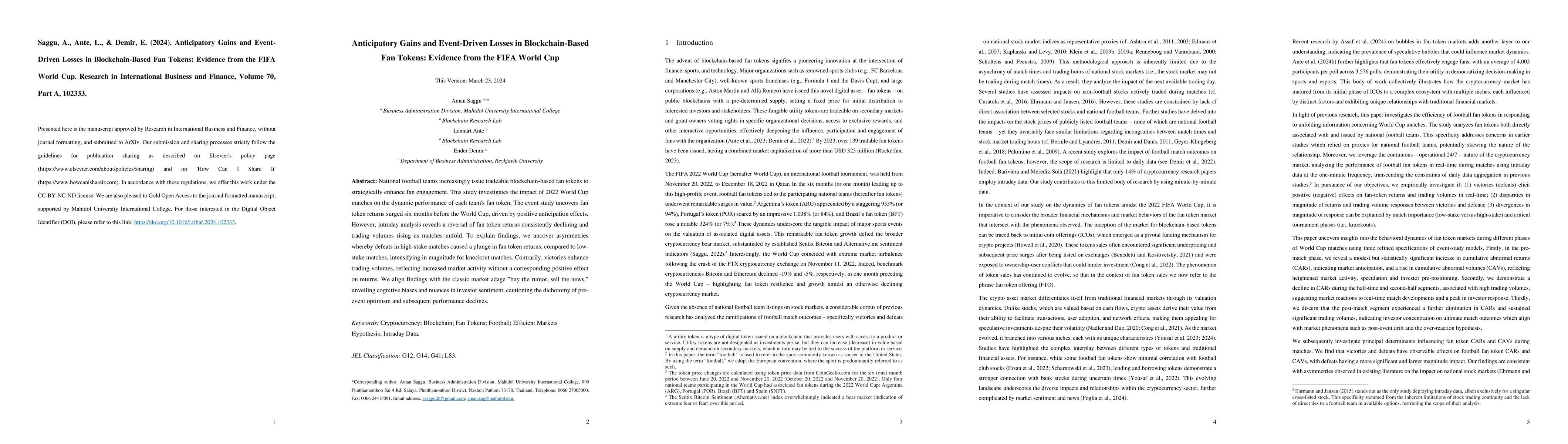 Thumbnail for Anticipatory Gains and Event-Driven Losses in Blockchain-Based Fan
  Tokens: Evidence from the FIFA World Cup