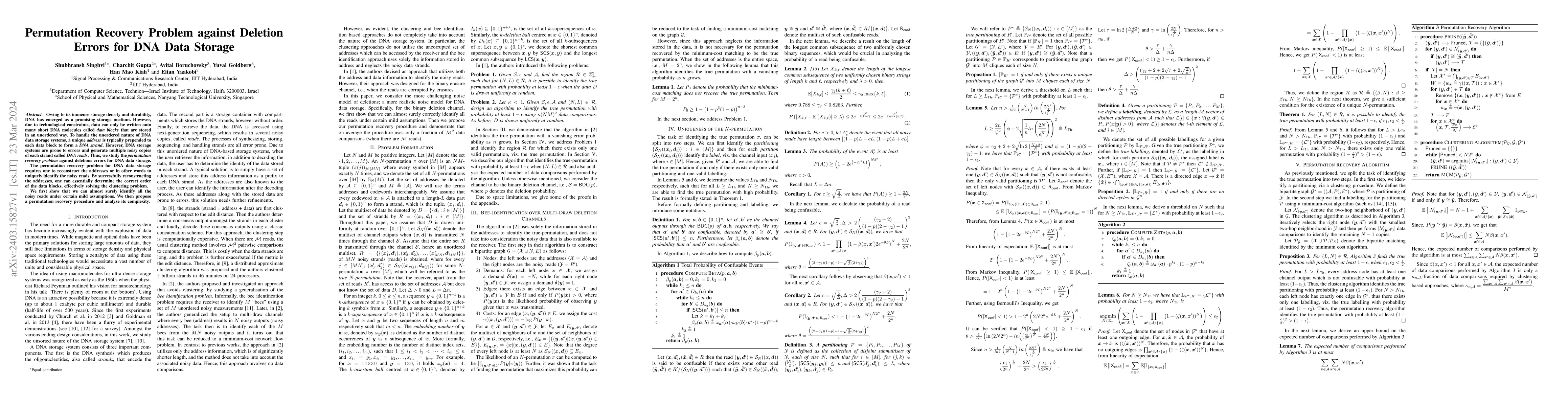 Thumbnail for Permutation Recovery Problem against Deletion Errors for DNA Data
  Storage