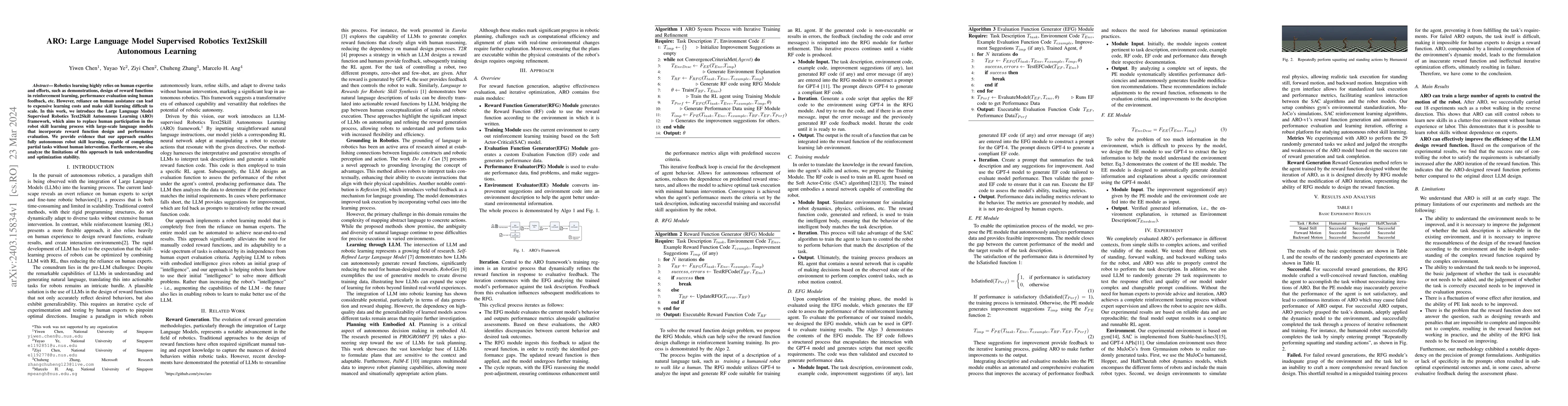 Thumbnail for ARO: Large Language Model Supervised Robotics Text2Skill Autonomous
  Learning