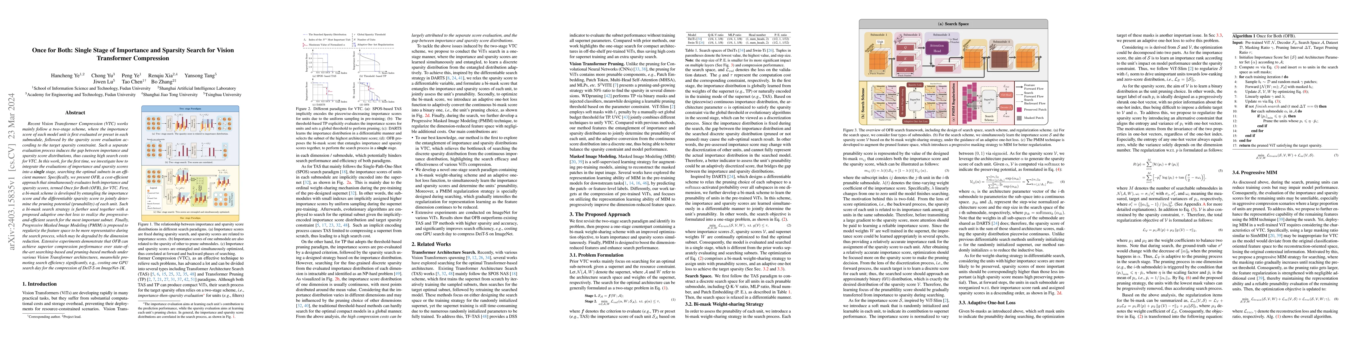 Thumbnail for Once for Both: Single Stage of Importance and Sparsity Search for Vision
  Transformer Compression