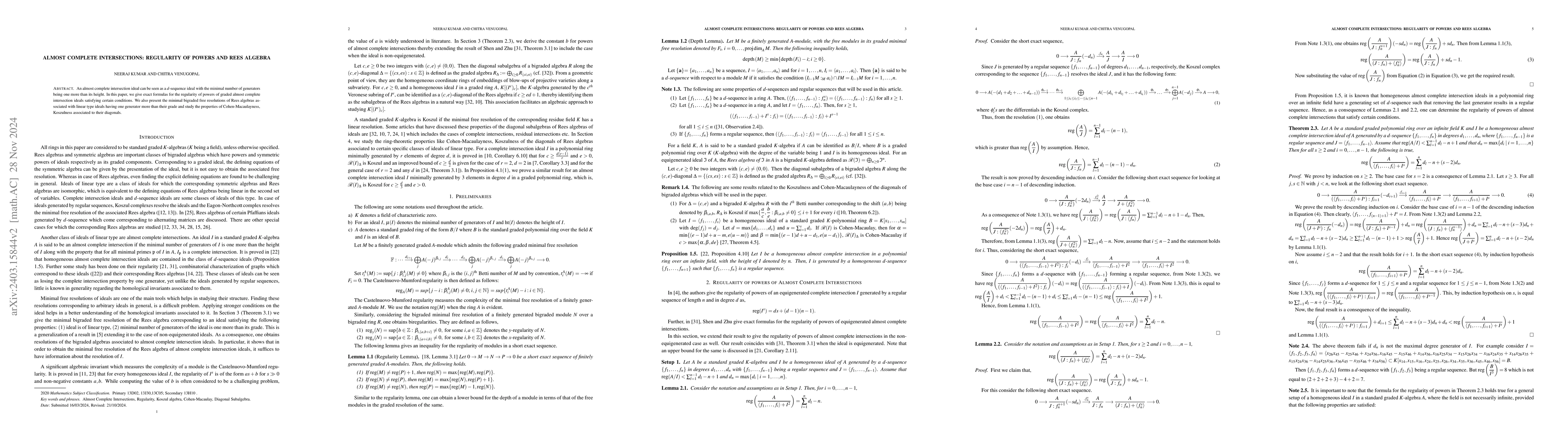 Thumbnail for Almost Complete Intersections: Regularity of powers and Rees algebra