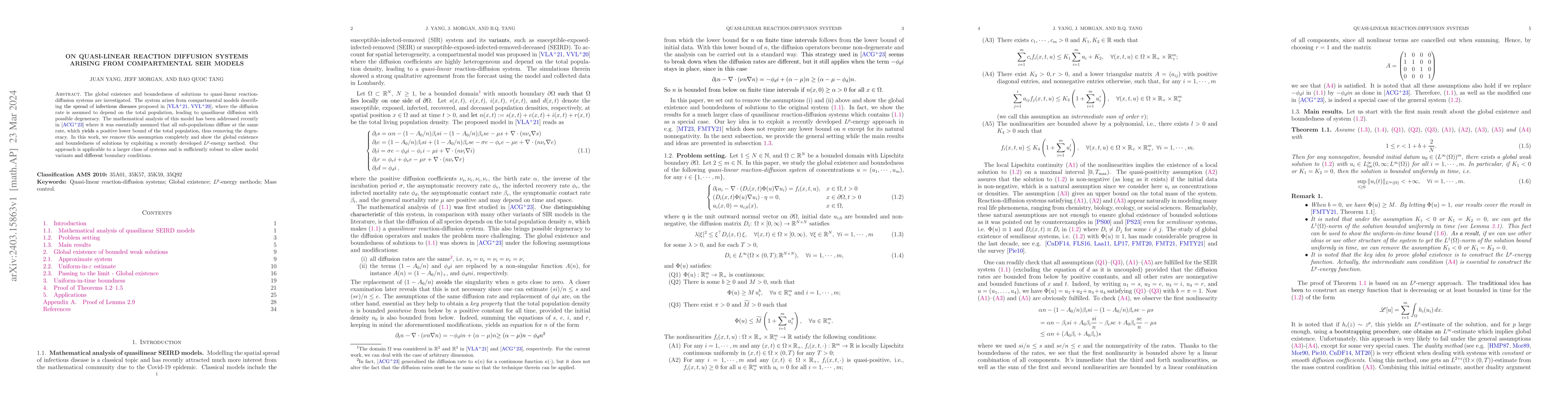 Thumbnail for On quasi-linear reaction diffusion systems arising from compartmental
  SEIR models