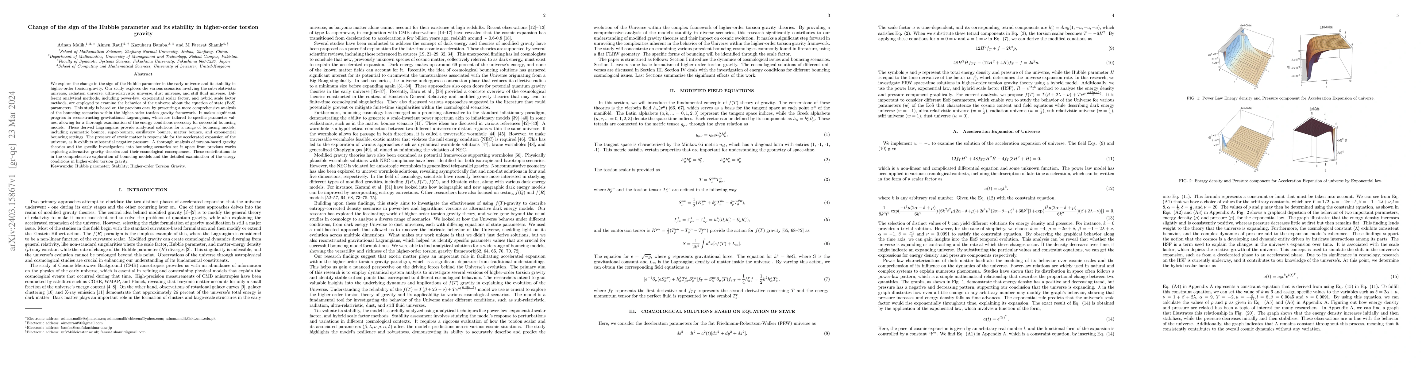 Thumbnail for Change of the sign of the Hubble parameter and its stability in
  higher-order torsion gravity