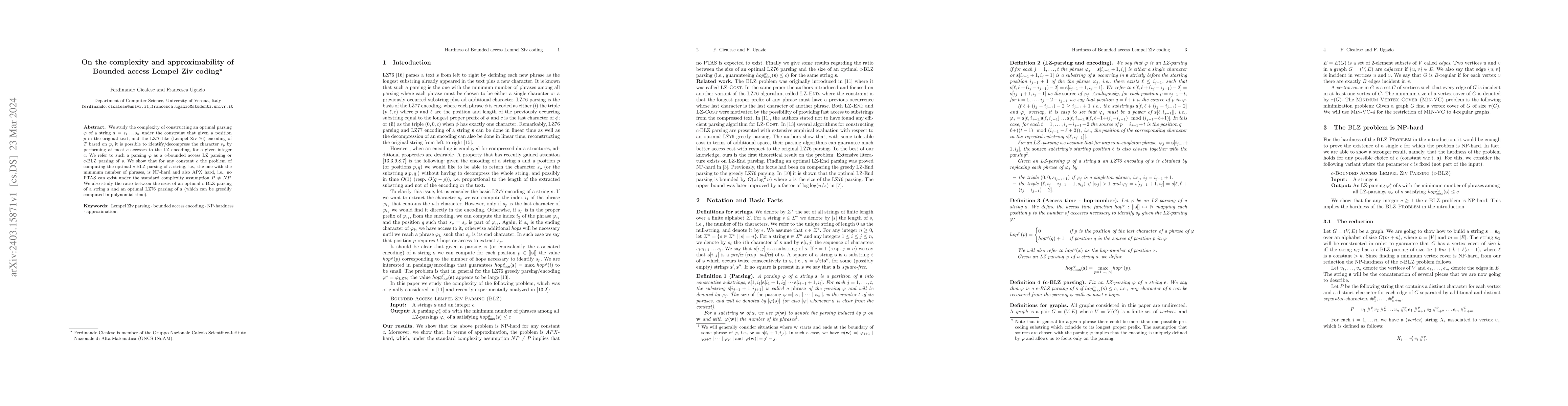 Thumbnail for On the complexity and approximability of Bounded access Lempel Ziv
  coding