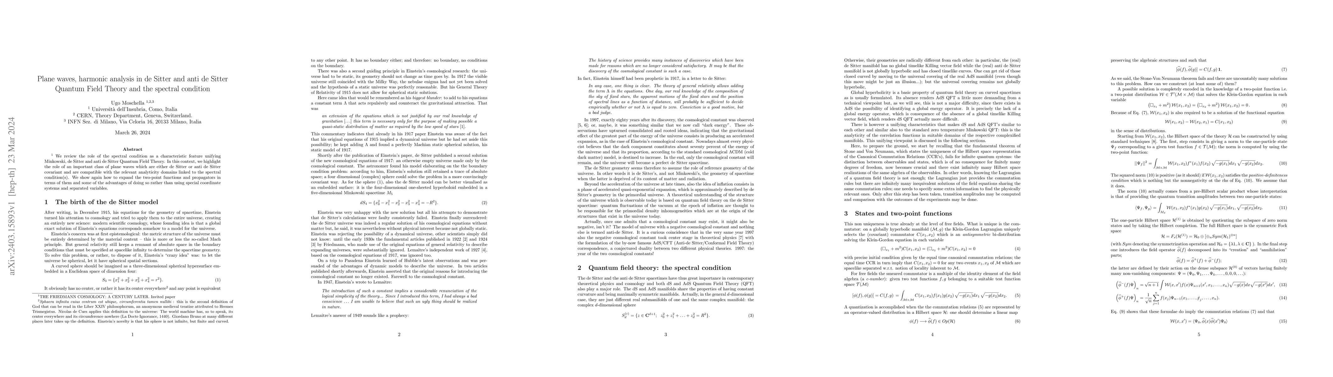 Thumbnail for Plane waves, harmonic analysis in de Sitter and anti de Sitter Quantum
  Field Theory and the spectral condition