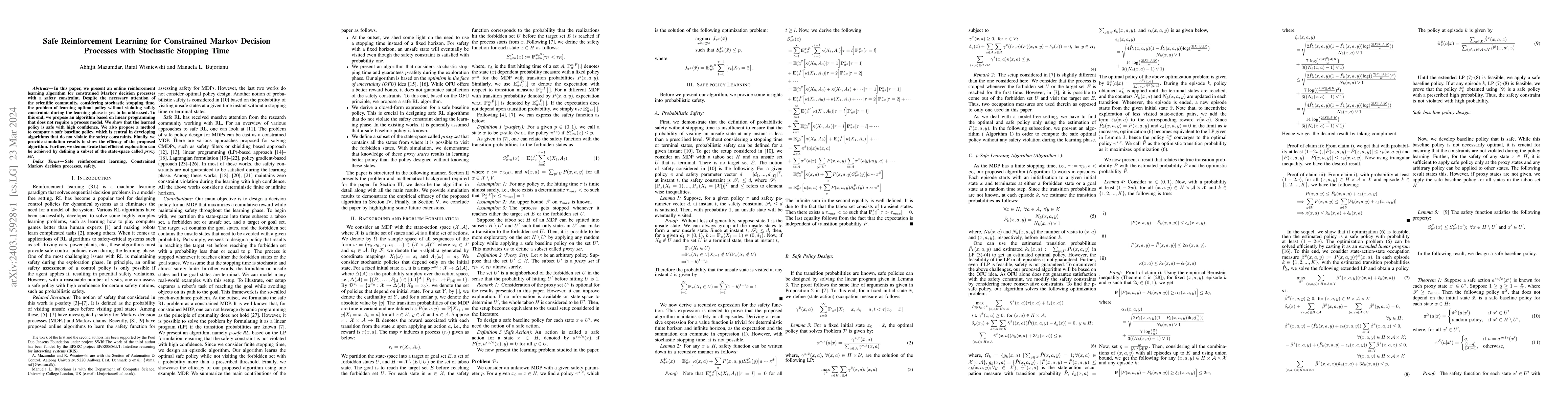 Thumbnail for Safe Reinforcement Learning for Constrained Markov Decision Processes
  with Stochastic Stopping Time