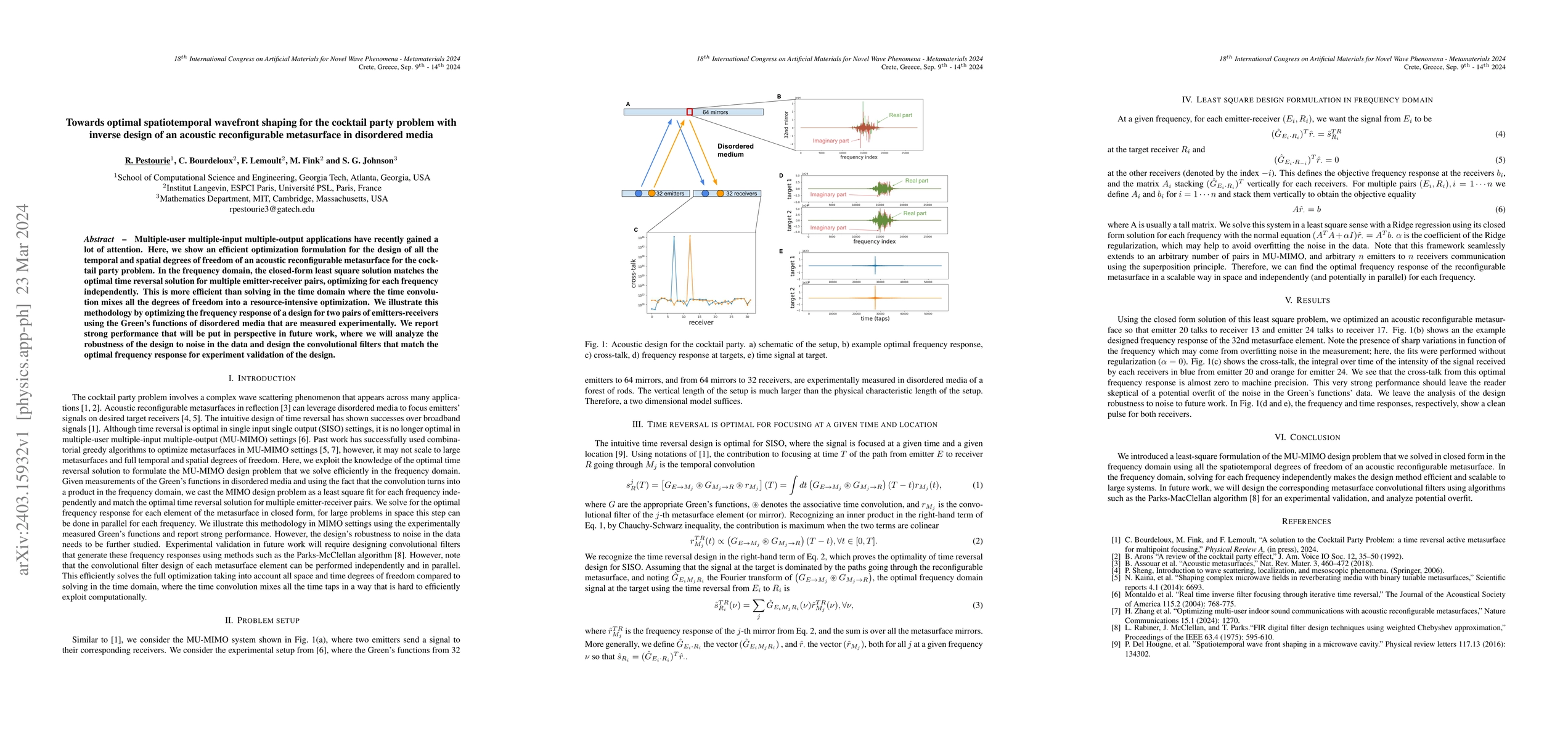 Thumbnail for Towards optimal spatiotemporal wavefront shaping for the cocktail party
  problem with inverse design of an acoustic reconfigurable metasurface in
  disordered media
