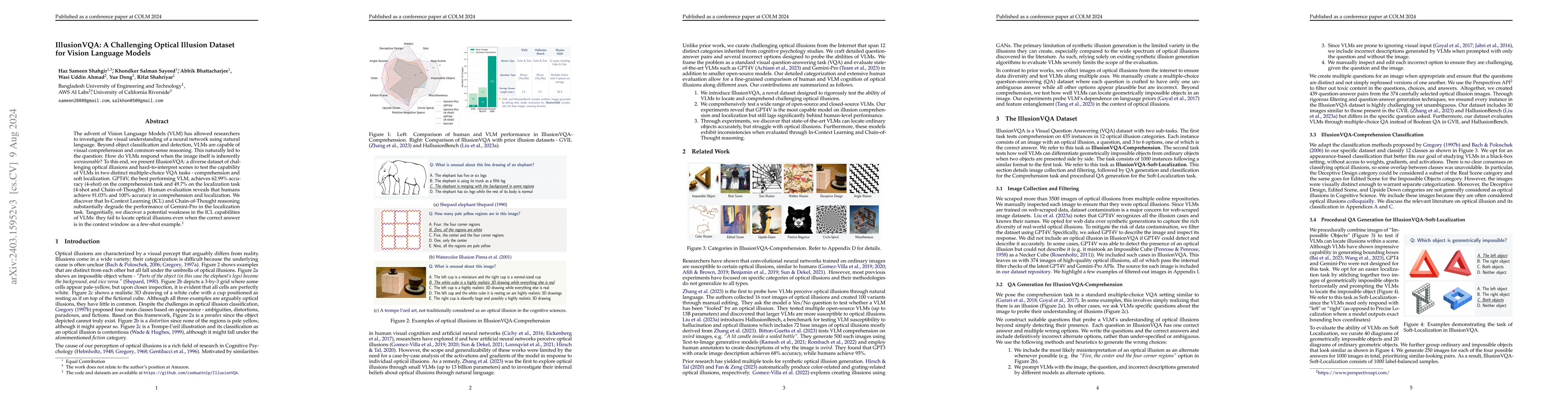 Thumbnail for IllusionVQA: A Challenging Optical Illusion Dataset for Vision Language
  Models