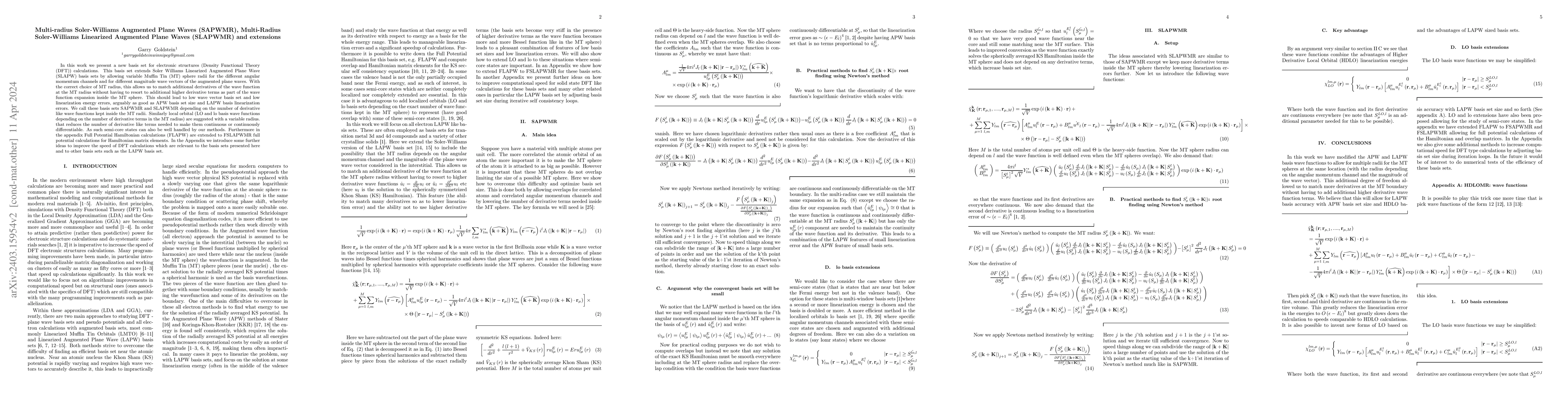Thumbnail for Multi-radius Soler-Williams Augmented Plane Waves (SAPWMR), Multi-Radius
  Soler-Williams Linearized Augmented Plane Waves (SLAPWMR) and extensions