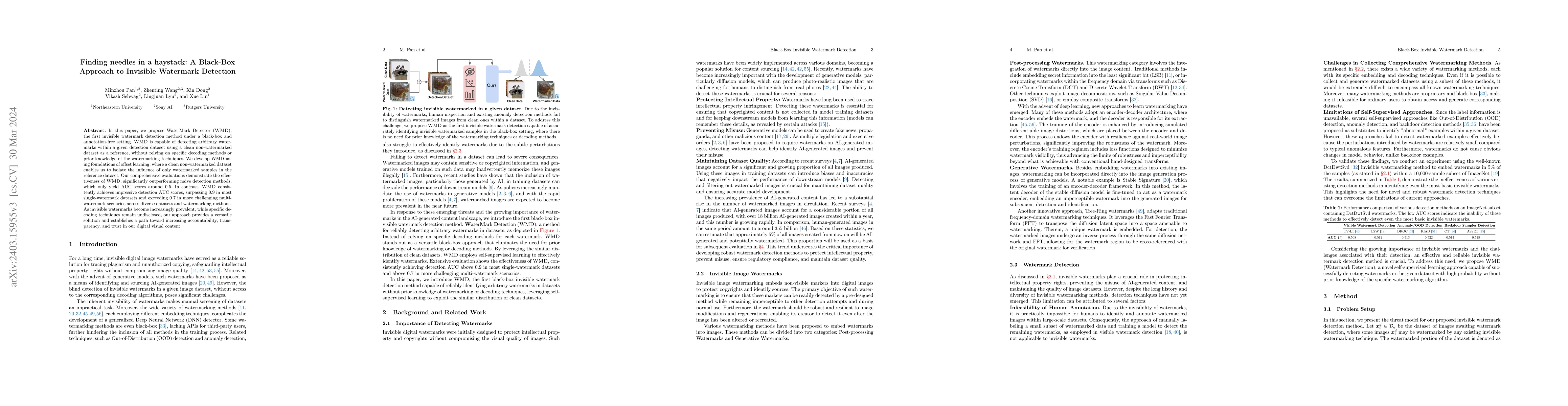 Thumbnail for Finding needles in a haystack: A Black-Box Approach to Invisible
  Watermark Detection