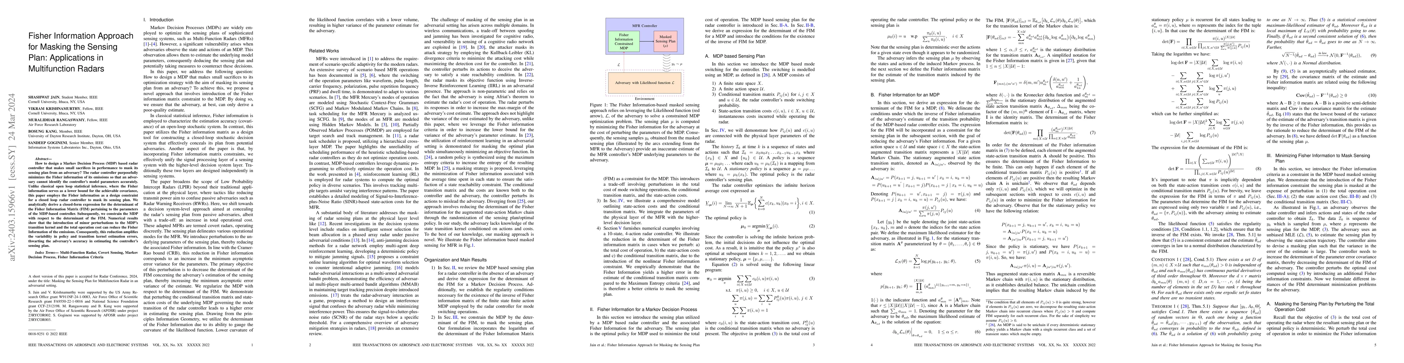 Thumbnail for Fisher Information Approach for Masking the Sensing Plan: Applications
  in Multifunction Radars