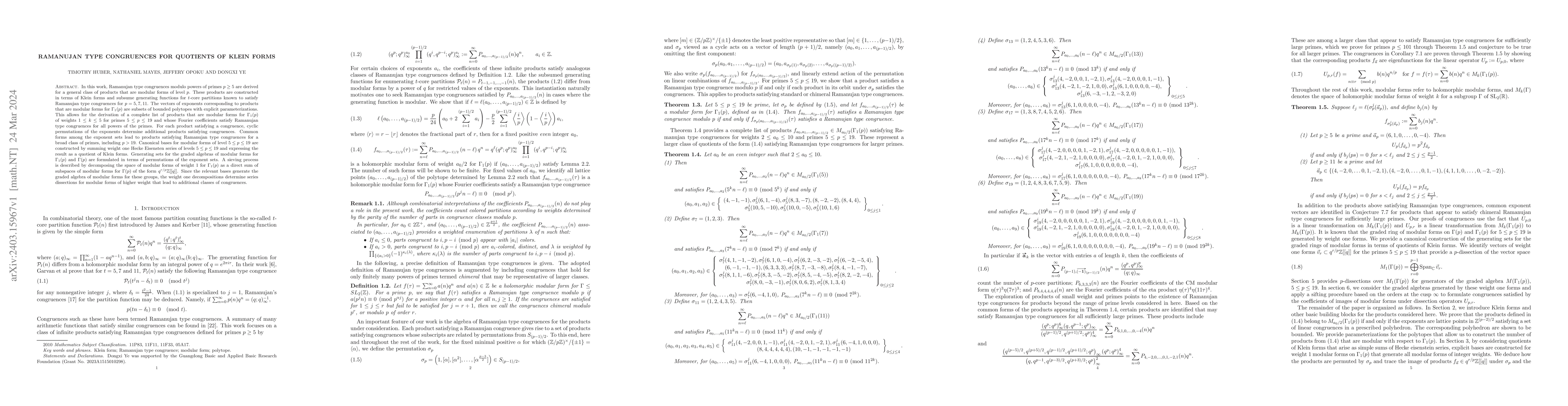 Thumbnail for Ramanujan type congruences for quotients of Klein forms