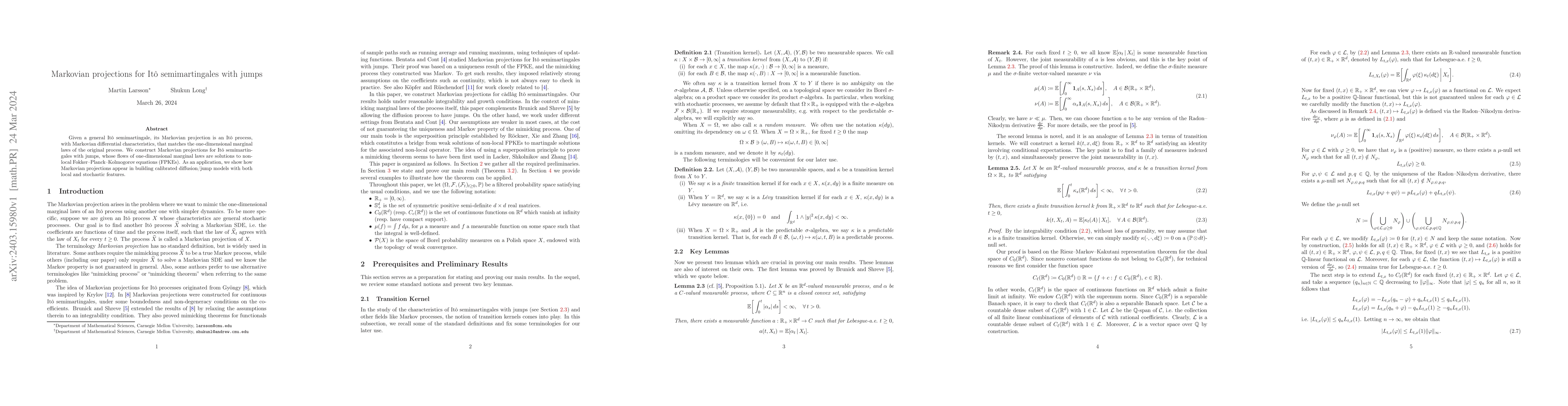 Thumbnail for Markovian projections for It\^o semimartingales with jumps