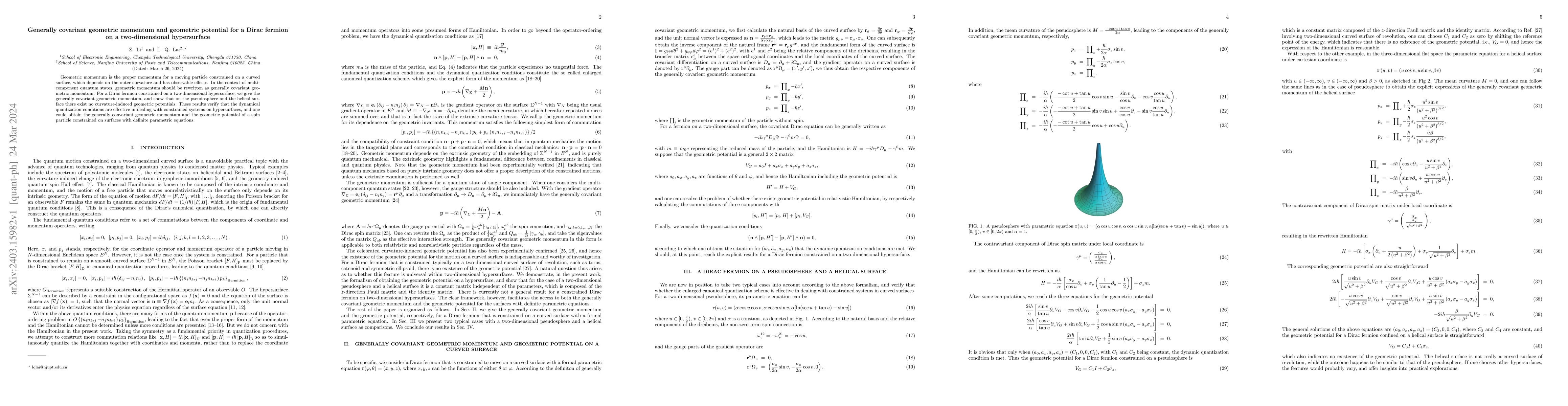 Thumbnail for Generally covariant geometric momentum and geometric potential for a
  Dirac fermion on a two-dimensional hypersurface