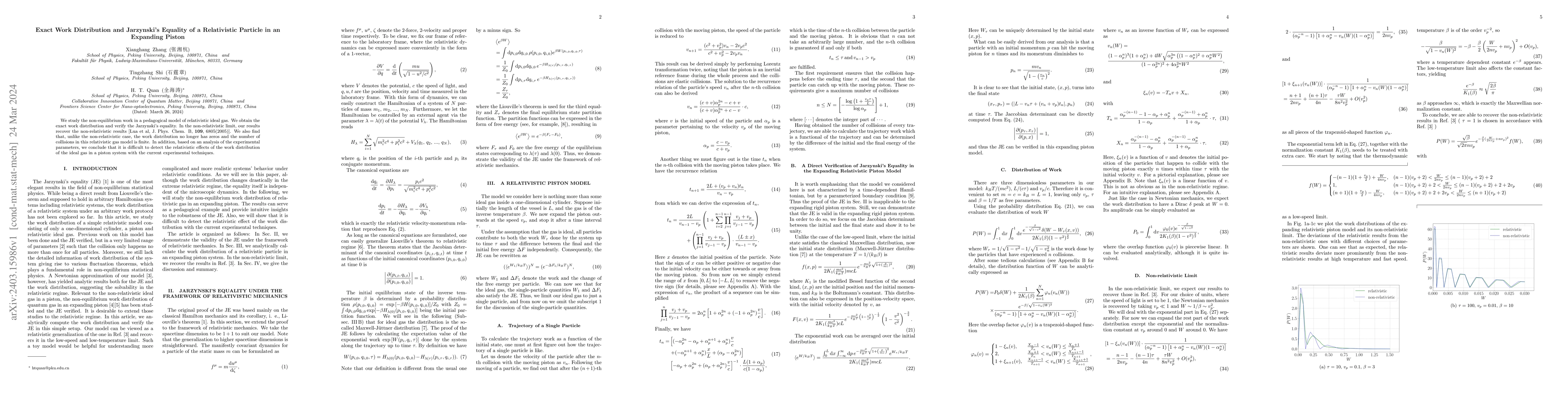 Thumbnail for Exact Work Distribution and Jarzynski's Equality of a Relativistic
  Particle in an Expanding Piston