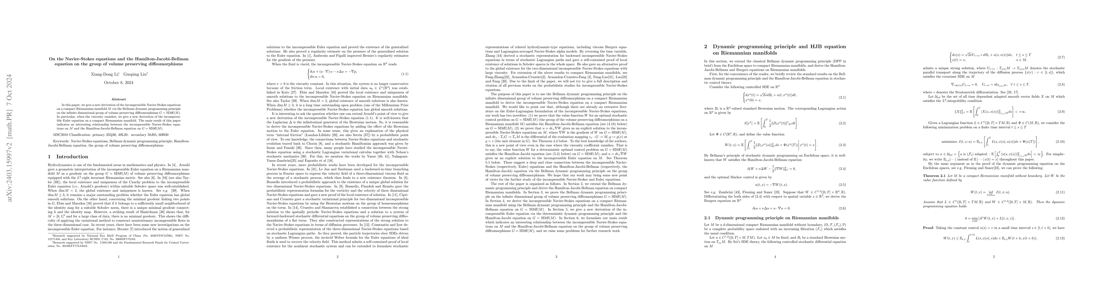 Thumbnail for On the Navier-Stokes equations and the Hamilton-Jacobi-Bellman equation
  on the group of volume preserving diffeomorphisms
