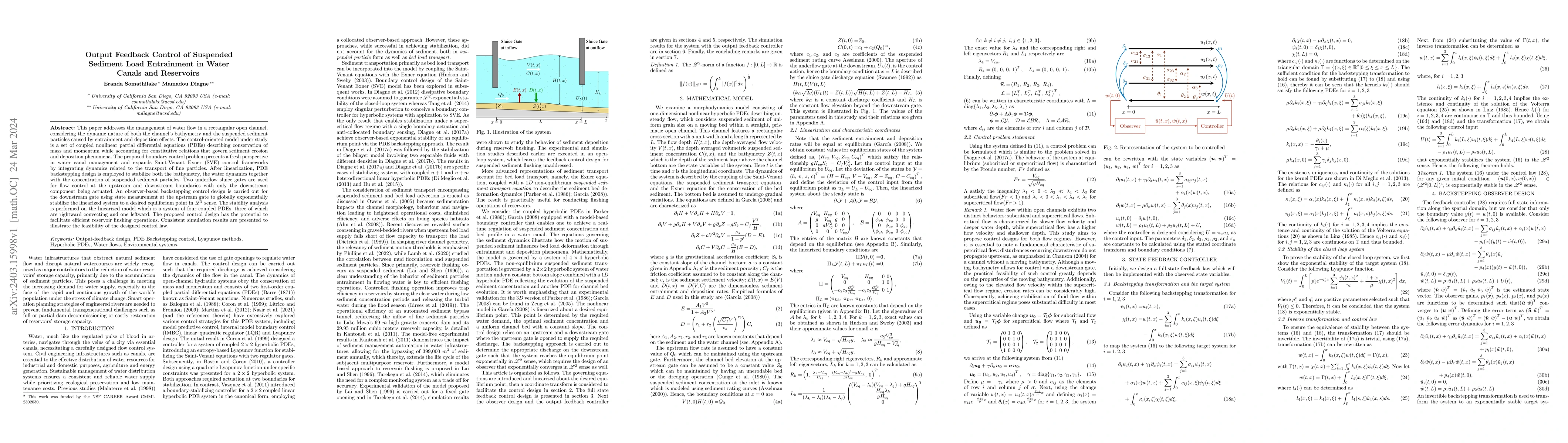 Thumbnail for Output Feedback Control of Suspended Sediment Load Entrainment in Water
  Canals and Reservoirs