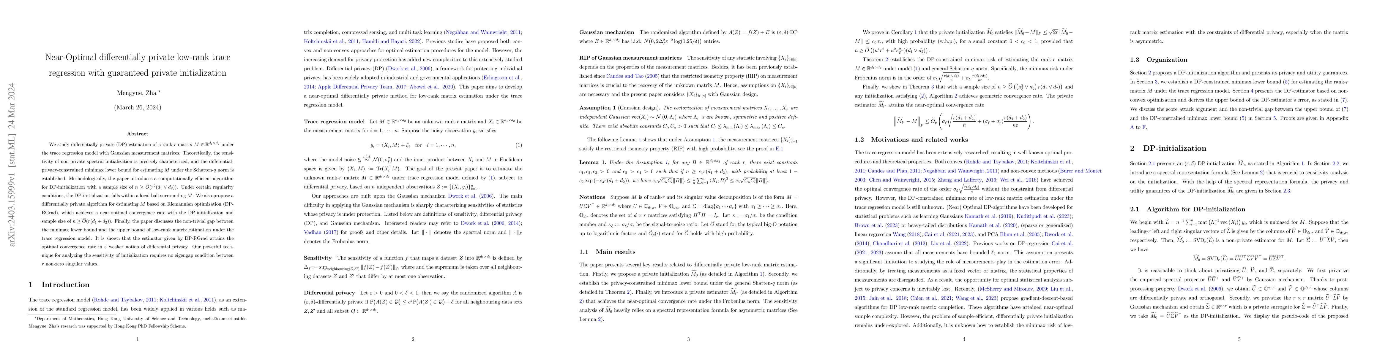Thumbnail for Near-Optimal differentially private low-rank trace regression with
  guaranteed private initialization
