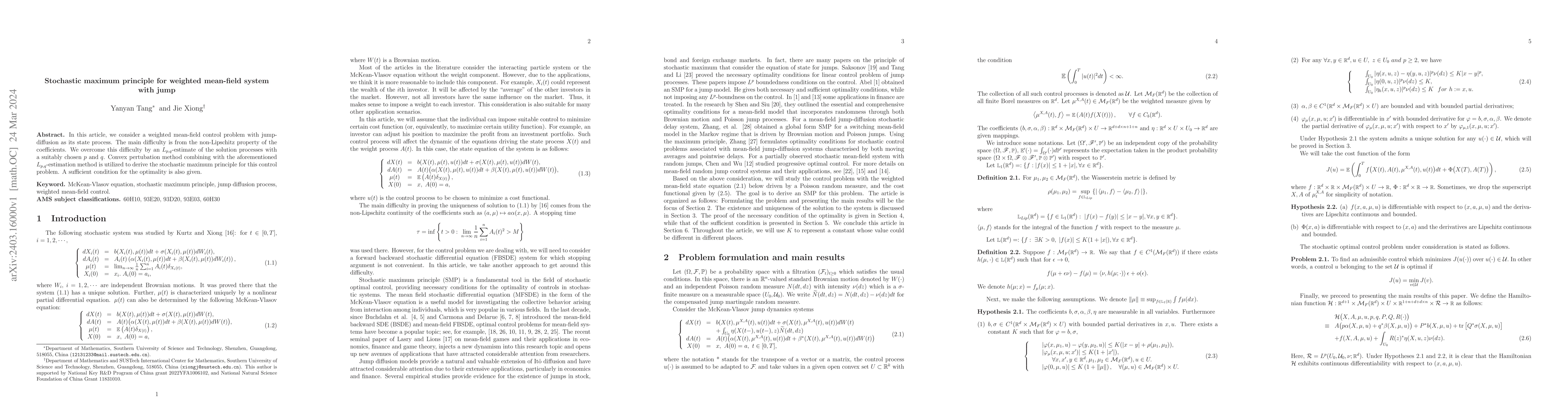 Thumbnail for Stochastic maximum principle for weighted mean-field system with jump