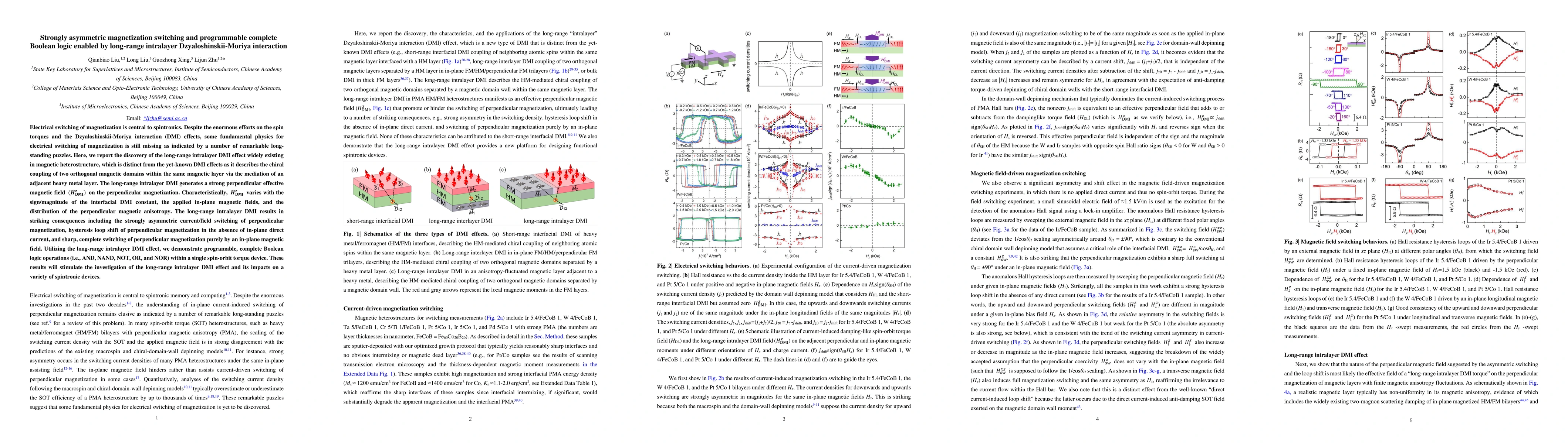 Thumbnail for Strongly asymmetric magnetization switching and programmable complete
  Boolean logic enabled by long-range intralayer Dzyaloshinskii-Moriya
  interaction