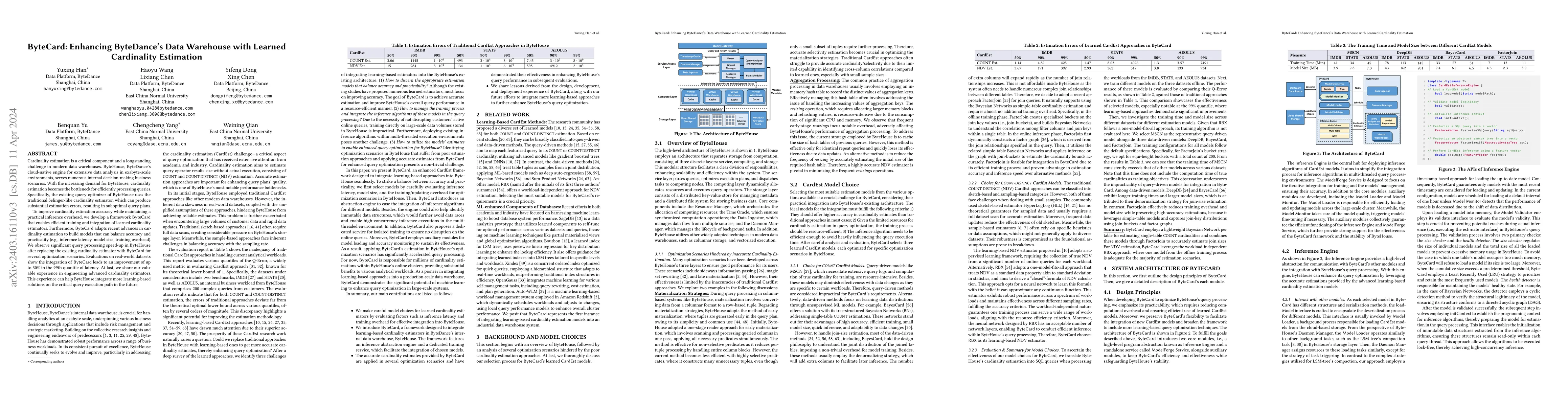 Thumbnail for ByteCard: Enhancing ByteDance's Data Warehouse with Learned Cardinality
  Estimation