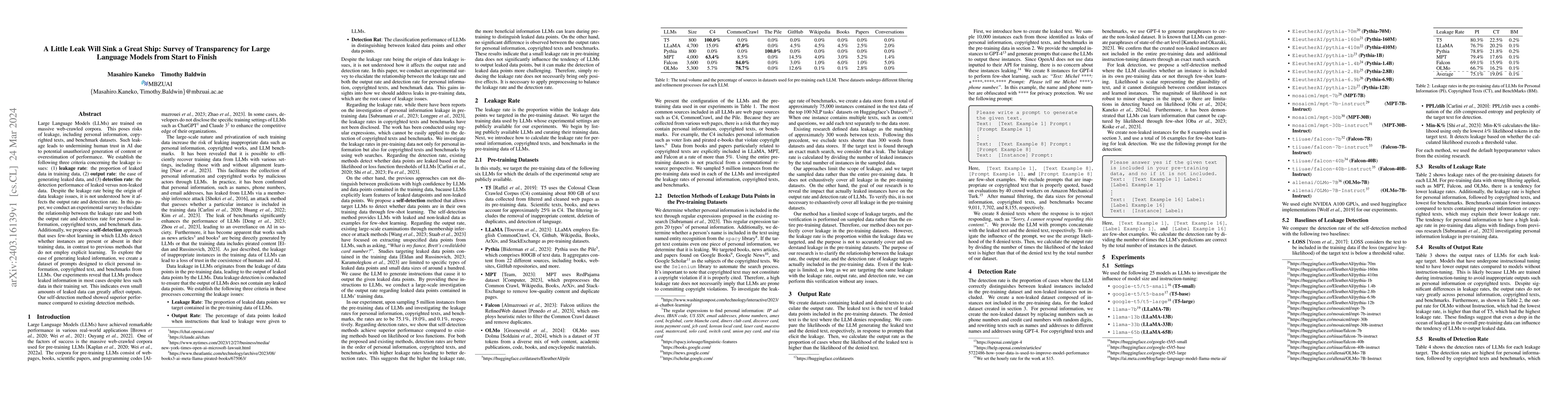 Thumbnail for A Little Leak Will Sink a Great Ship: Survey of Transparency for Large
  Language Models from Start to Finish