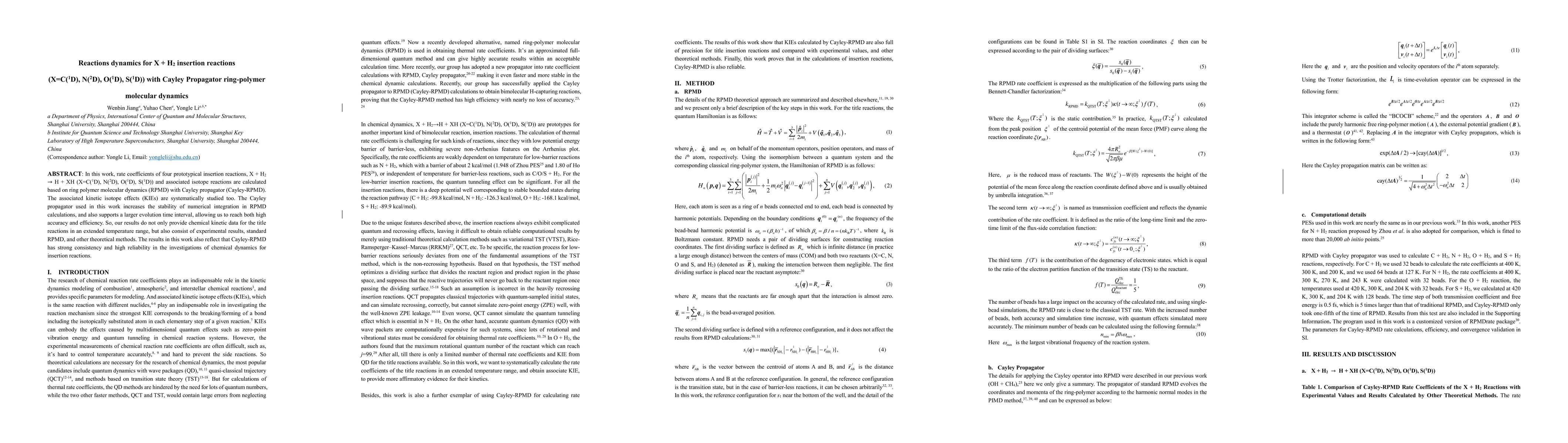 Thumbnail for Reactions dynamics for X + H2 insertion reactions(X=C(1D), N(2D), O(1D),
  S(1D)) with Cayley Propagator ring-polymer molecular dynamics