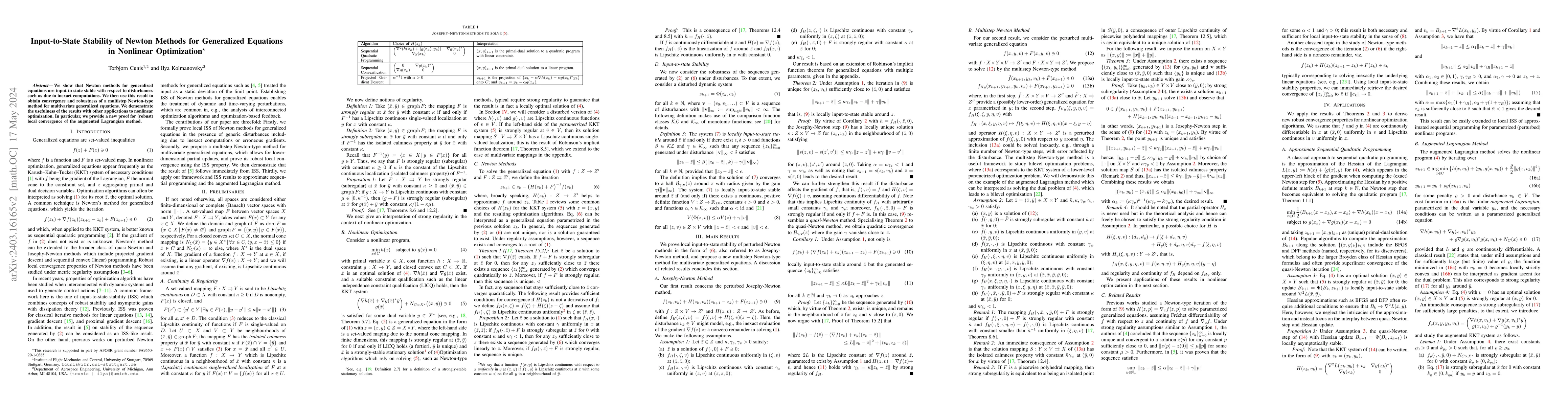 Thumbnail for Input-to-State Stability of Newton Methods for Generalized Equations in
  Nonlinear Optimization