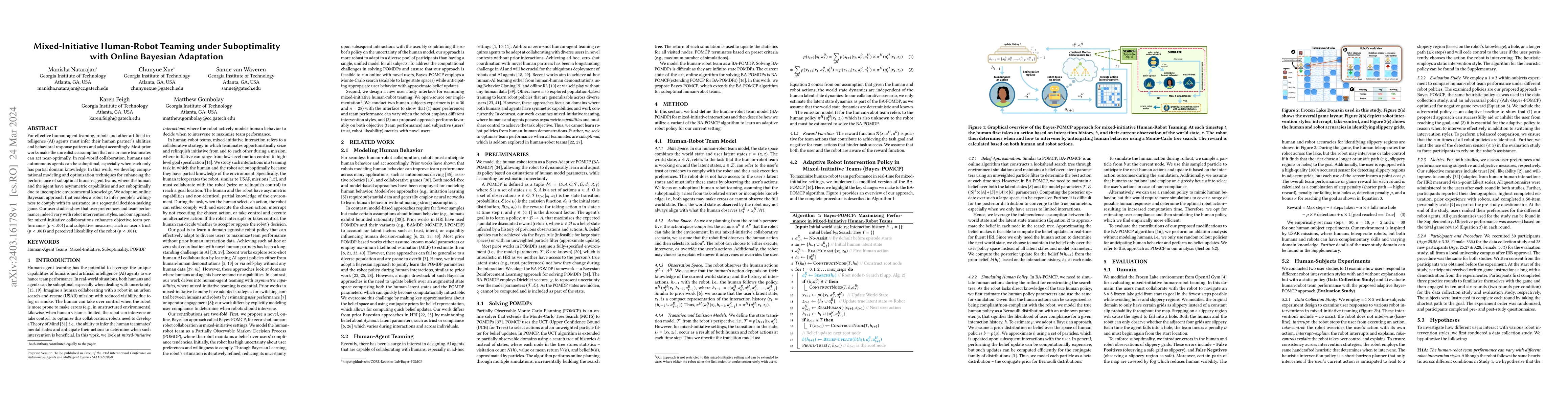 Thumbnail for Mixed-Initiative Human-Robot Teaming under Suboptimality with Online
  Bayesian Adaptation