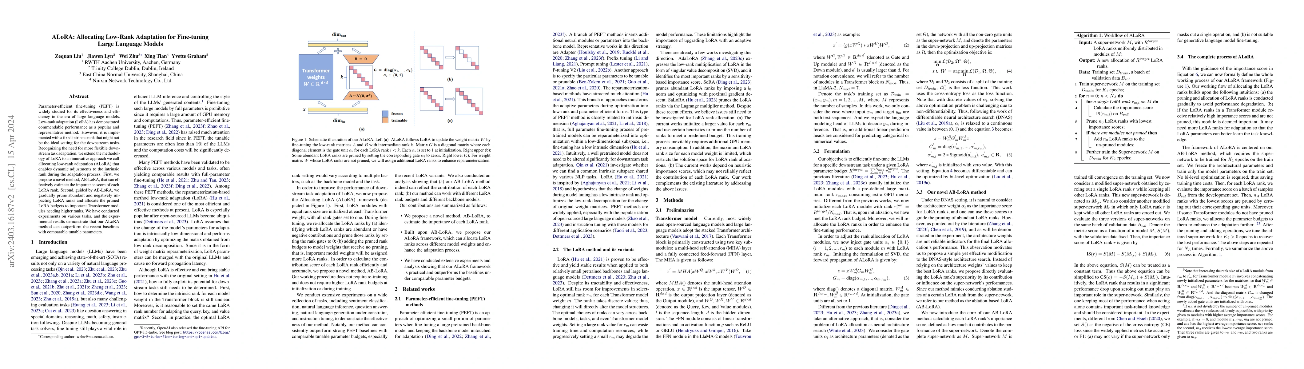 Thumbnail for ALoRA: Allocating Low-Rank Adaptation for Fine-tuning Large Language
  Models