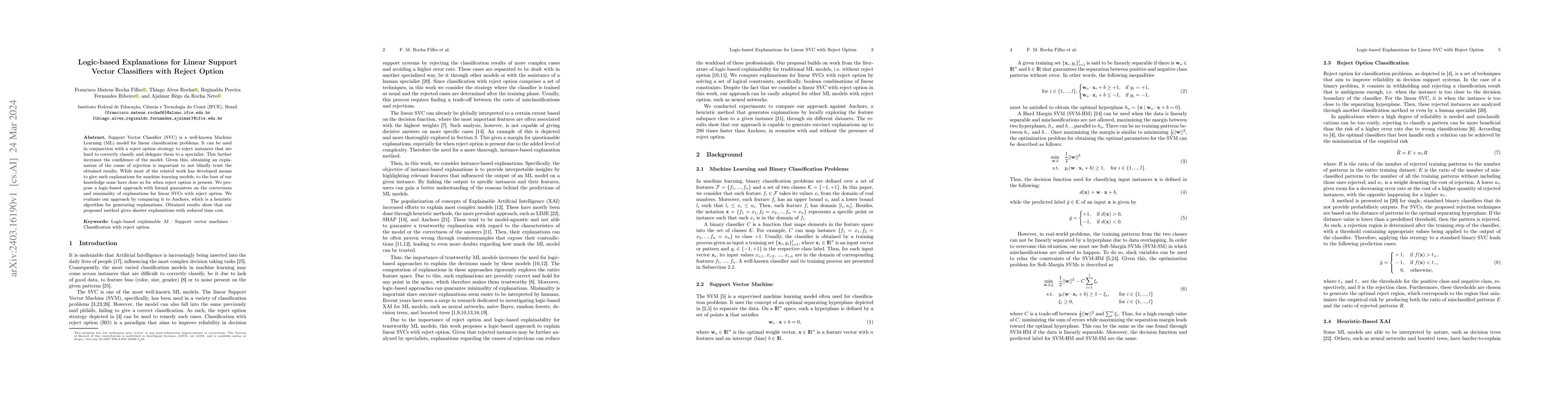 Thumbnail for Logic-based Explanations for Linear Support Vector Classifiers with
  Reject Option