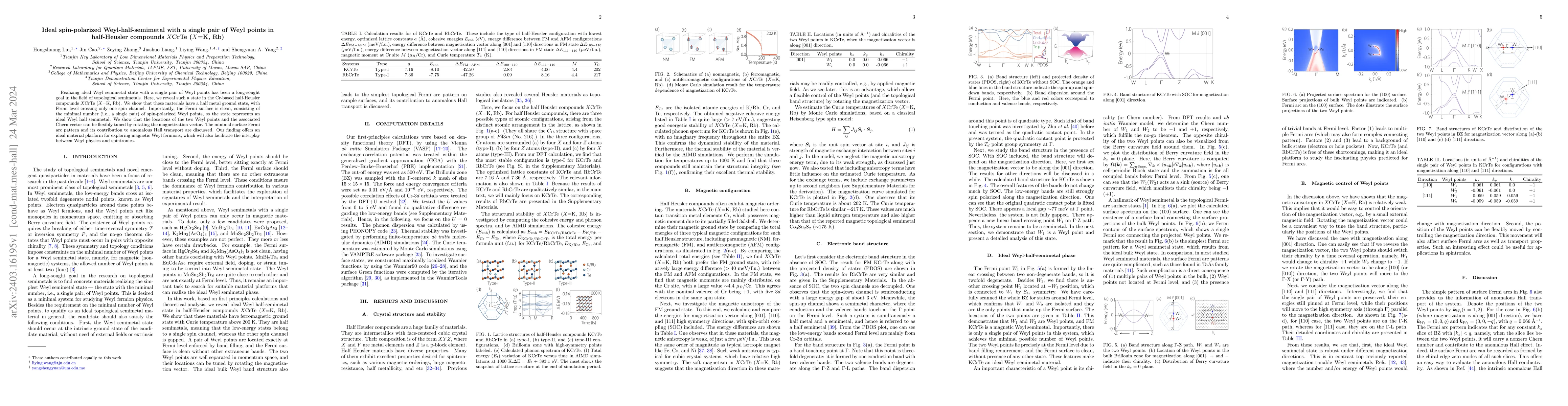 Thumbnail for Ideal spin-polarized Weyl-half-semimetal with a single pair of Weyl
  points in half-Heusler compounds XCrTe (X=K, Rb)