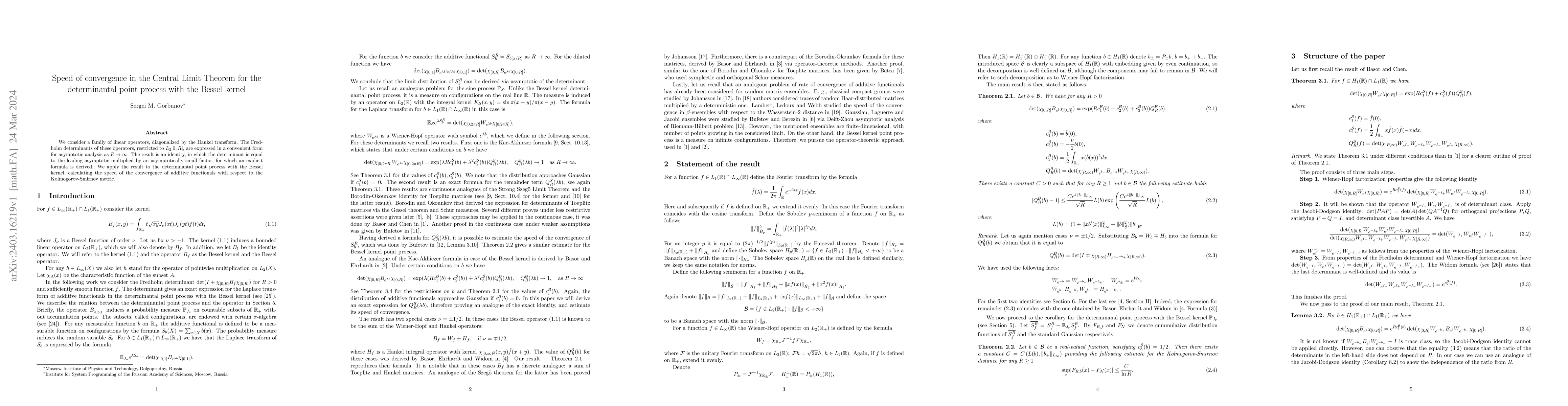 Thumbnail for Speed of convergence in the Central Limit Theorem for the determinantal
  point process with the Bessel kernel