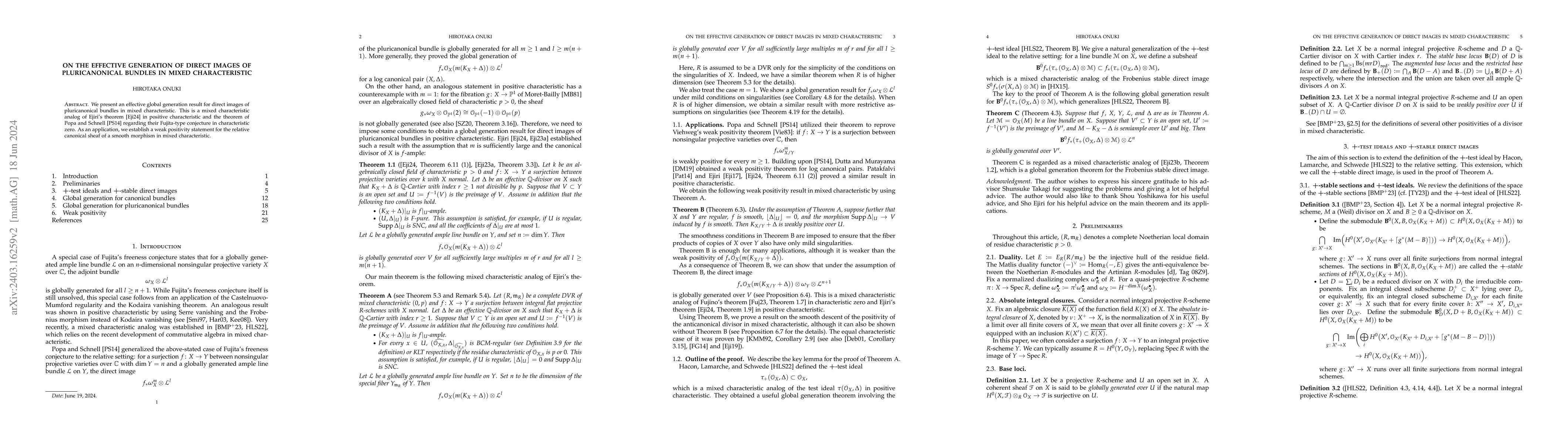 Thumbnail for On the effective generation of direct images of pluricanonical bundles
  in mixed characteristic