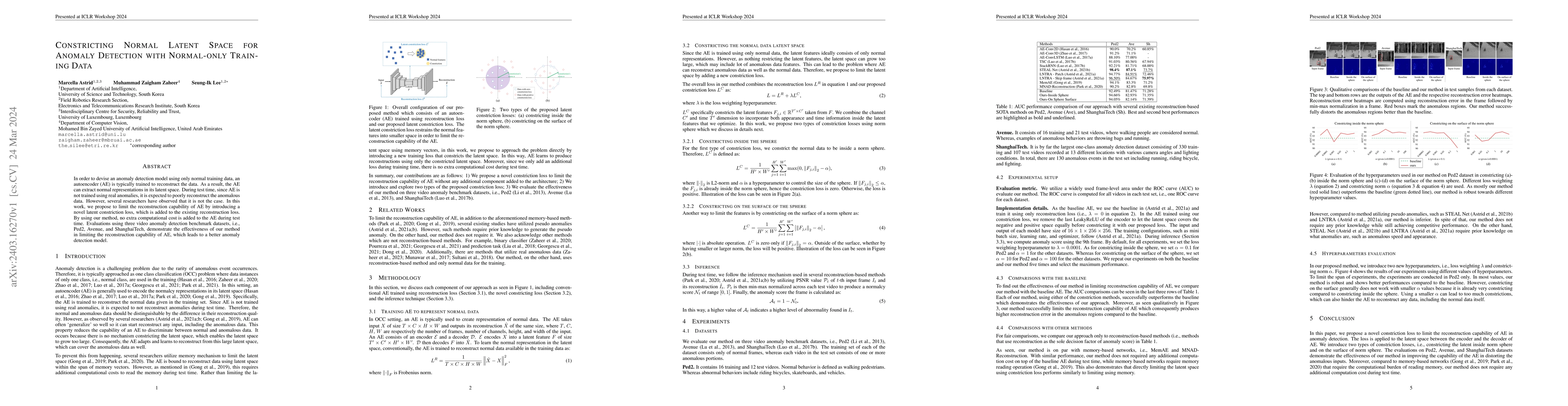 Thumbnail for Constricting Normal Latent Space for Anomaly Detection with Normal-only
  Training Data