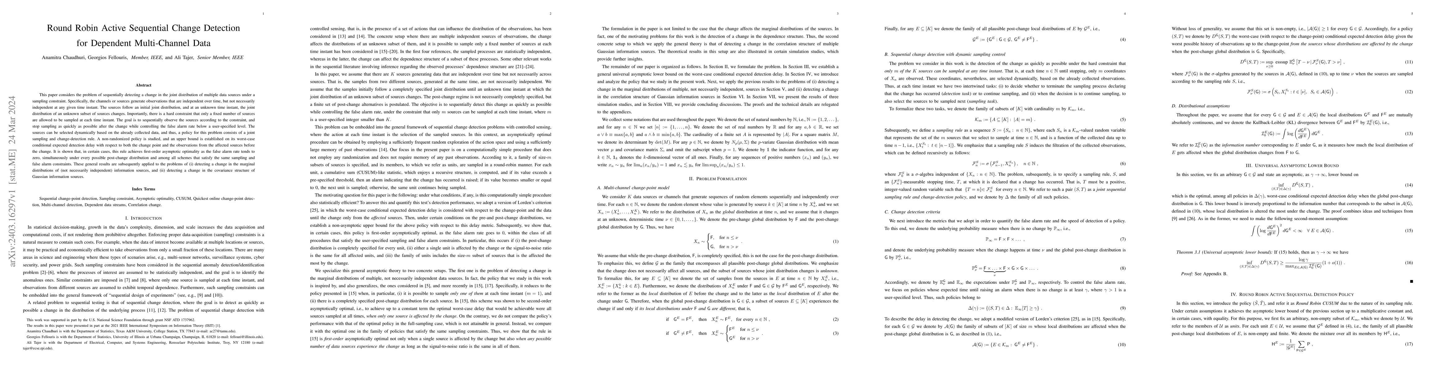 Thumbnail for Round Robin Active Sequential Change Detection for Dependent
  Multi-Channel Data