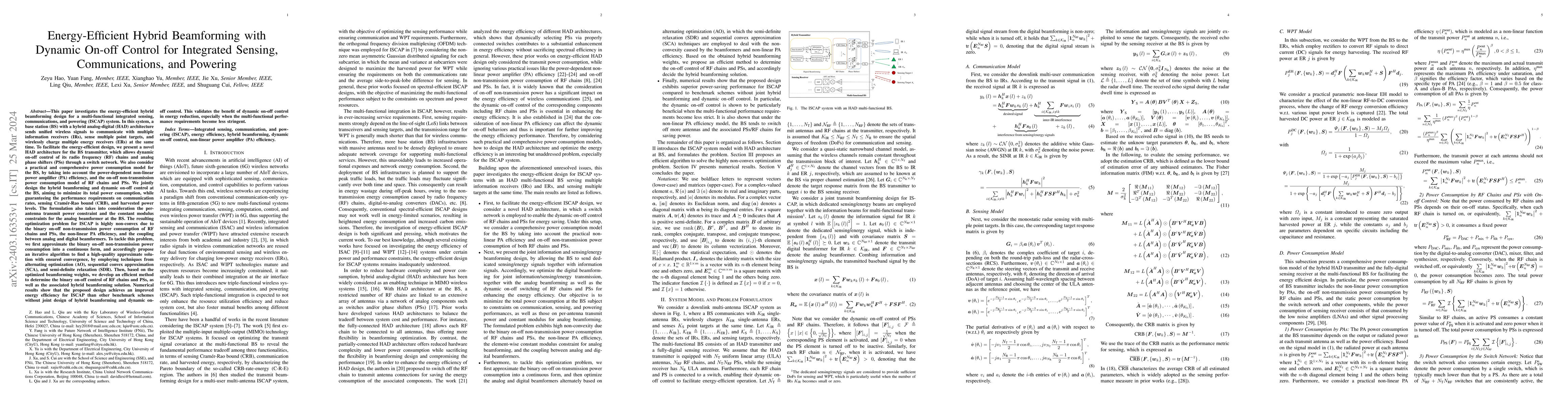 Thumbnail for Energy-Efficient Hybrid Beamforming with Dynamic On-off Control for
  Integrated Sensing, Communications, and Powering