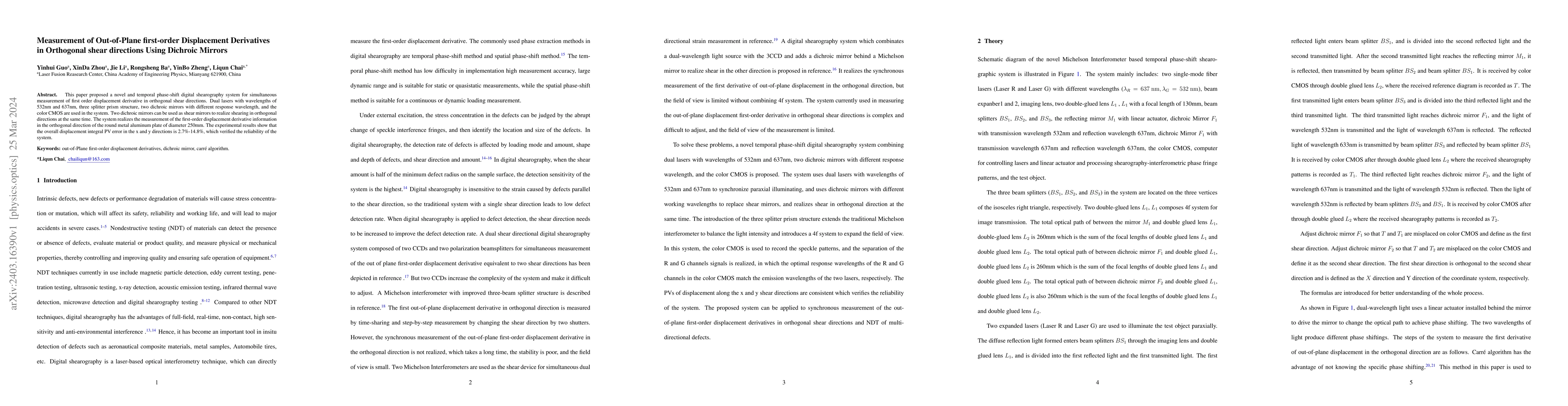 Thumbnail for Measurement of Out-of-Plane first-order Displacement Derivatives in
  Orthogonal shear directions Using Dichroic Mirrors