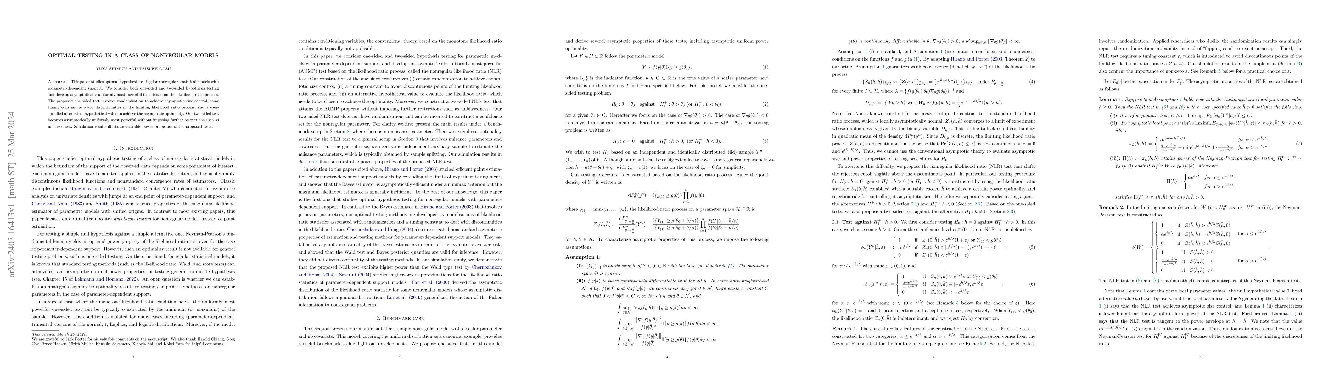 Thumbnail for Optimal testing in a class of nonregular models