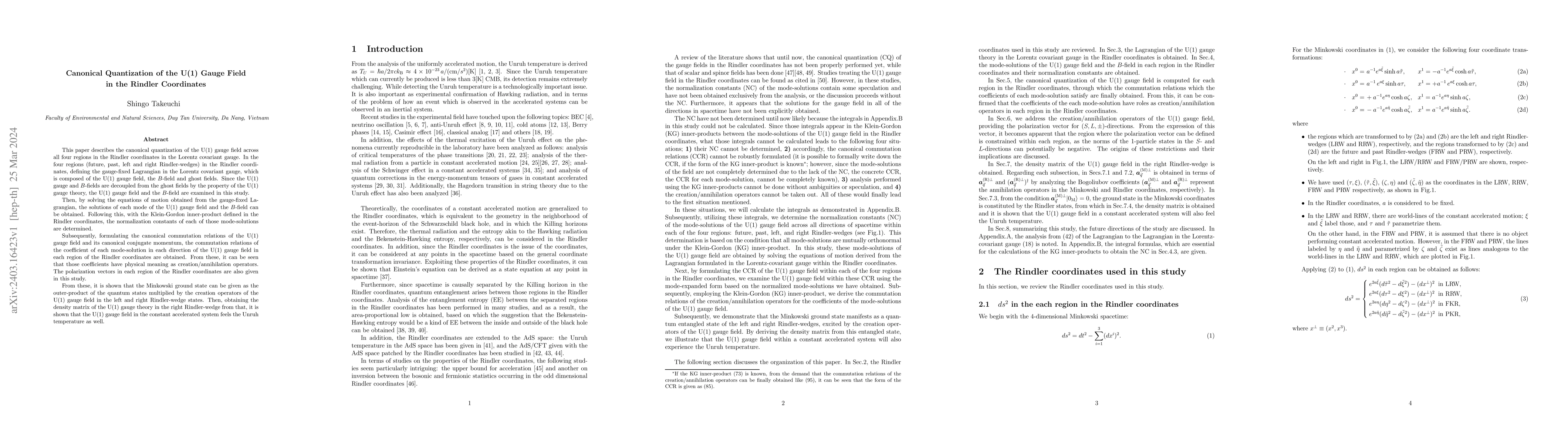 Thumbnail for Canonical Quantization of the U(1) Gauge Field in the Rindler
  Coordinates