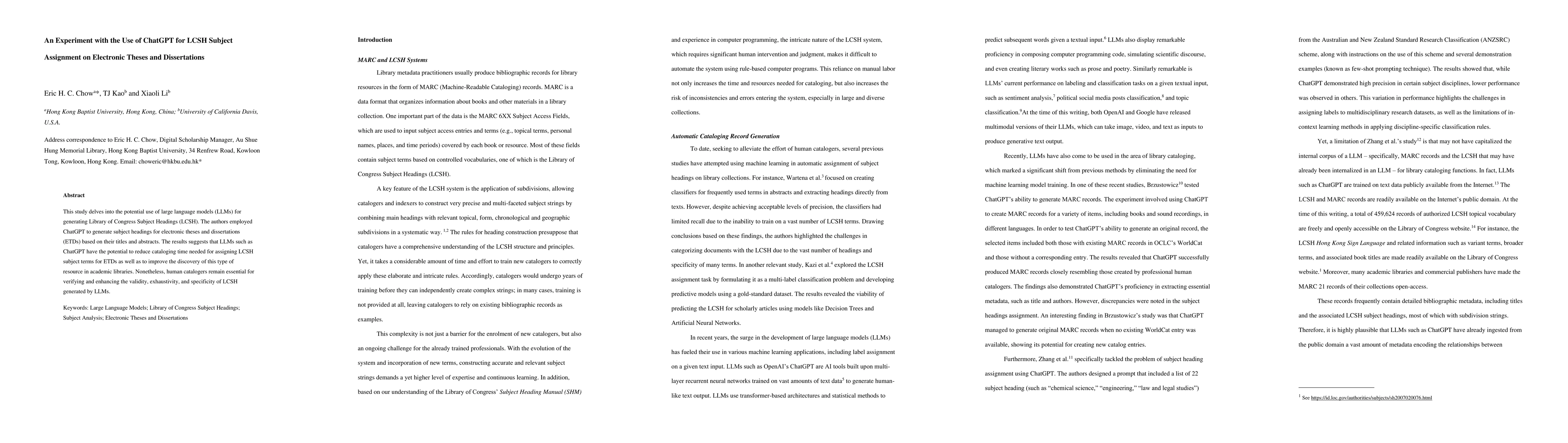 Thumbnail for An Experiment with the Use of ChatGPT for LCSH Subject Assignment on
  Electronic Theses and Dissertations
