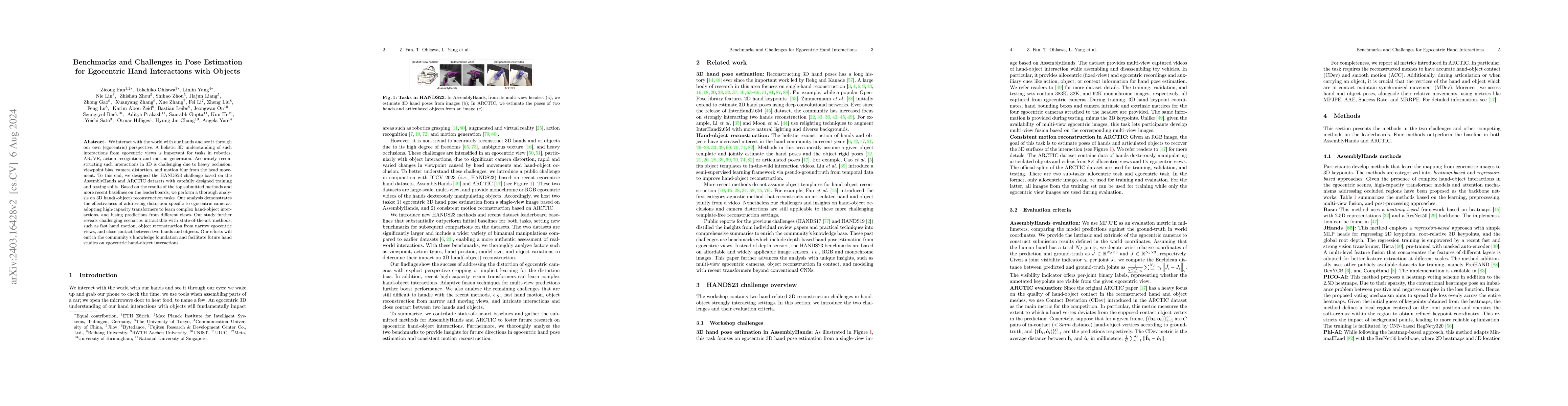 Thumbnail for Benchmarks and Challenges in Pose Estimation for Egocentric Hand
  Interactions with Objects