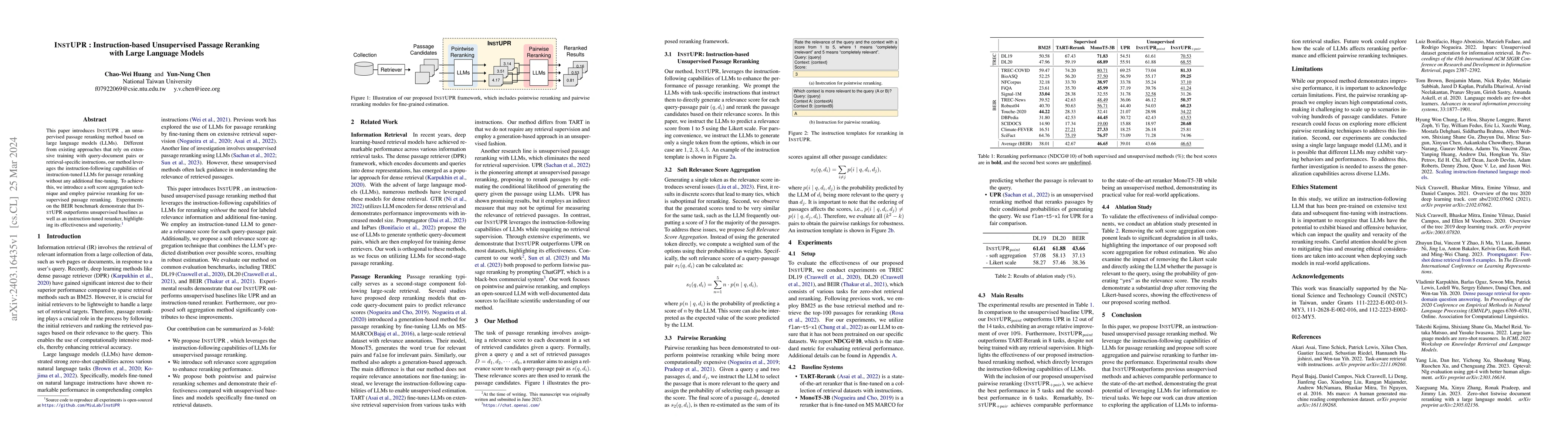 Thumbnail for InstUPR : Instruction-based Unsupervised Passage Reranking with Large
  Language Models