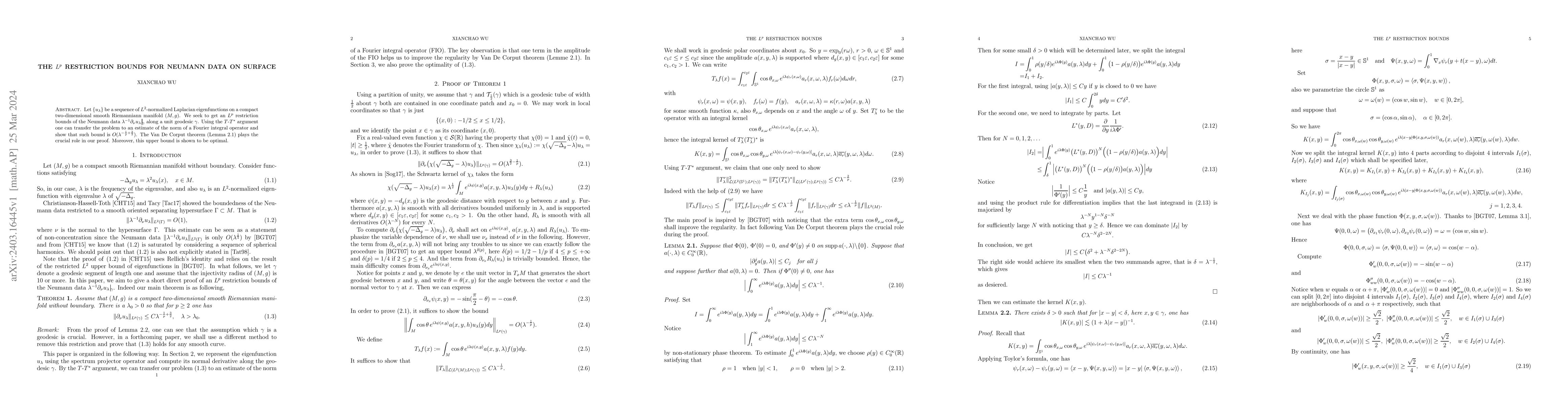 Thumbnail for The $L^p$ restriction bounds for Neumann data on surface