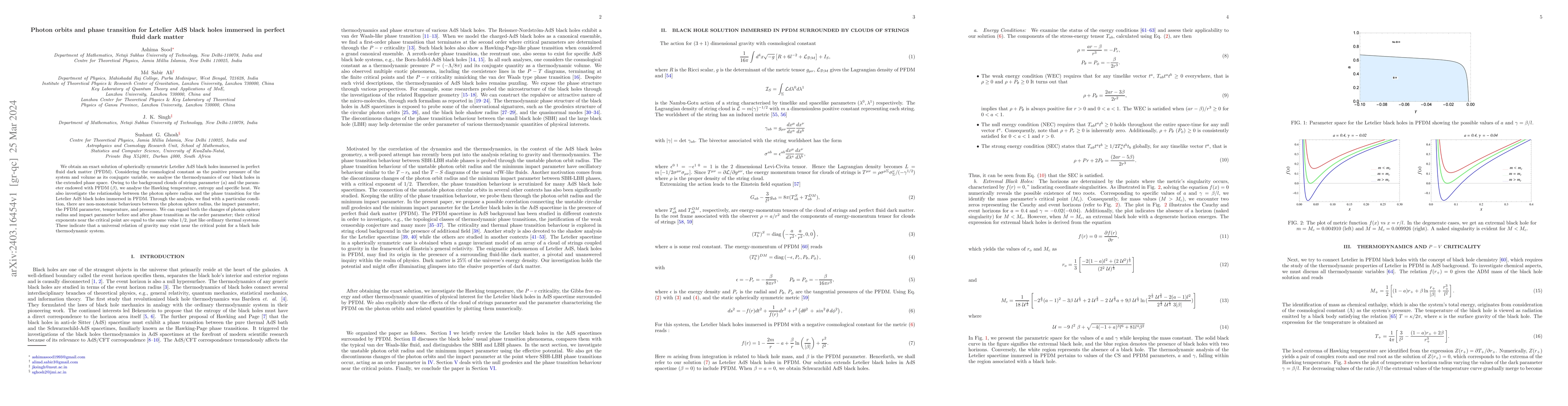 Thumbnail for Photon orbits and phase transition for Letelier AdS black holes immersed
  in perfect fluid dark matter