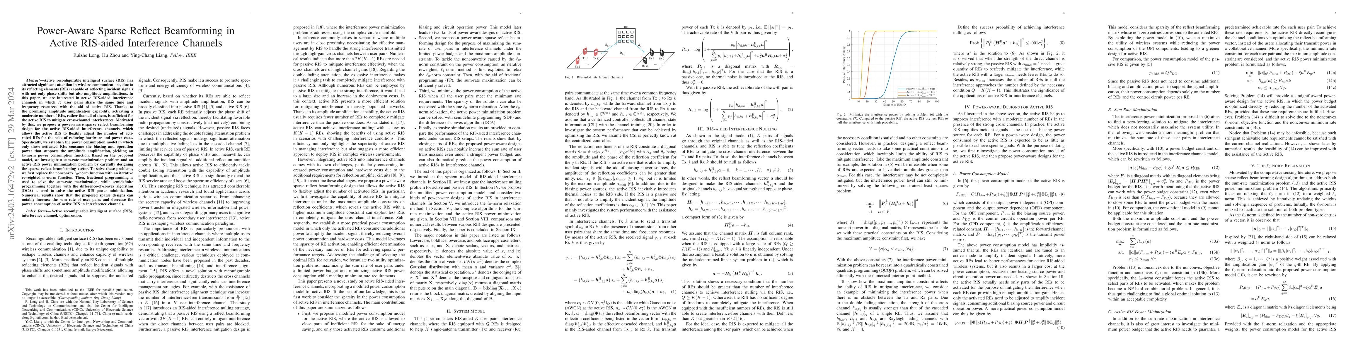 Thumbnail for Power-Aware Sparse Reflect Beamforming in Active RIS-aided Interference
  Channels