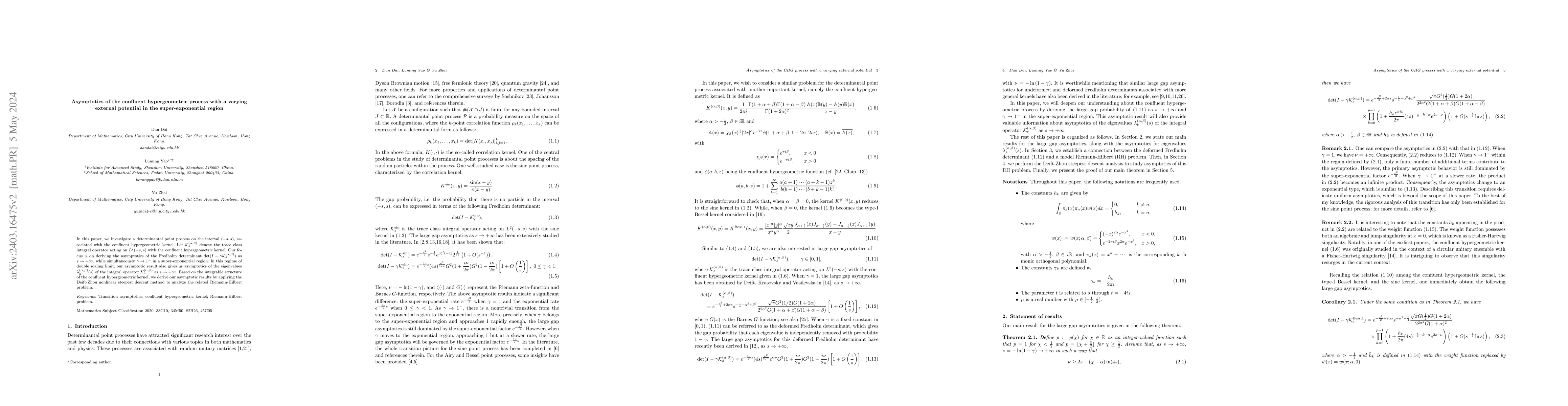 Thumbnail for Asymptotics of the confluent hypergeometric process with a varying
  external potential in the super-exponential region